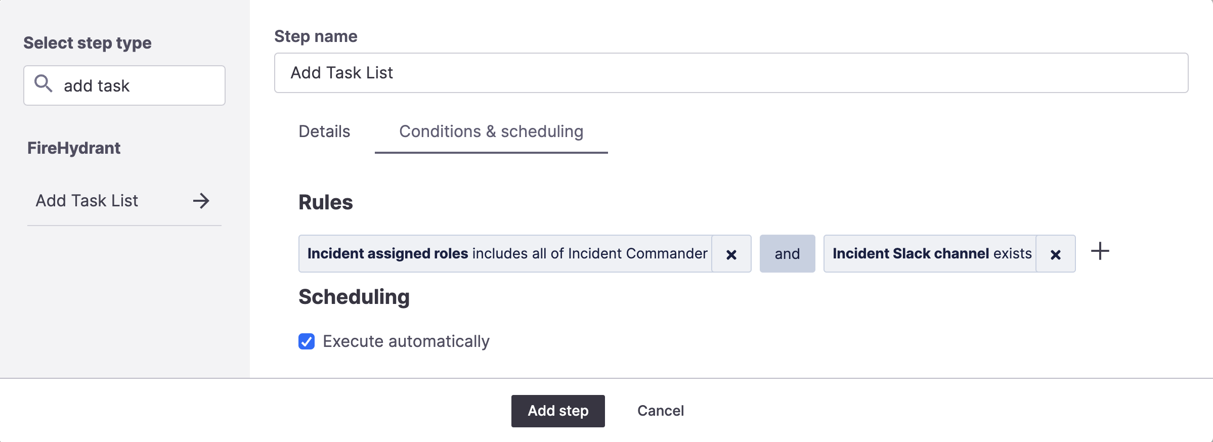 Example conditions on the Add Task List step