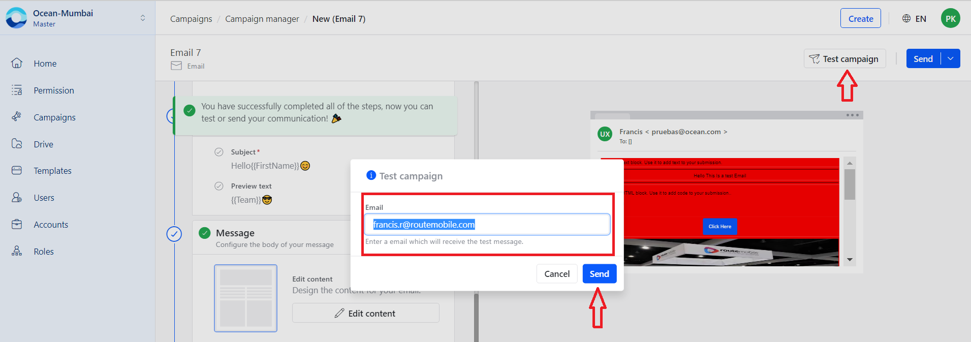 Email test campaign address entry