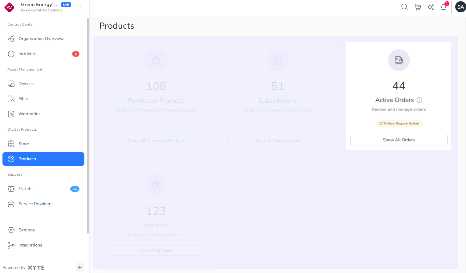 Products page with the Active Orders tile highlighted.