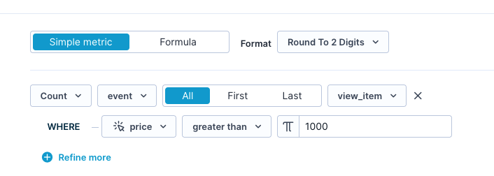 Event filter correctly counting product views where price is greater than 100.
