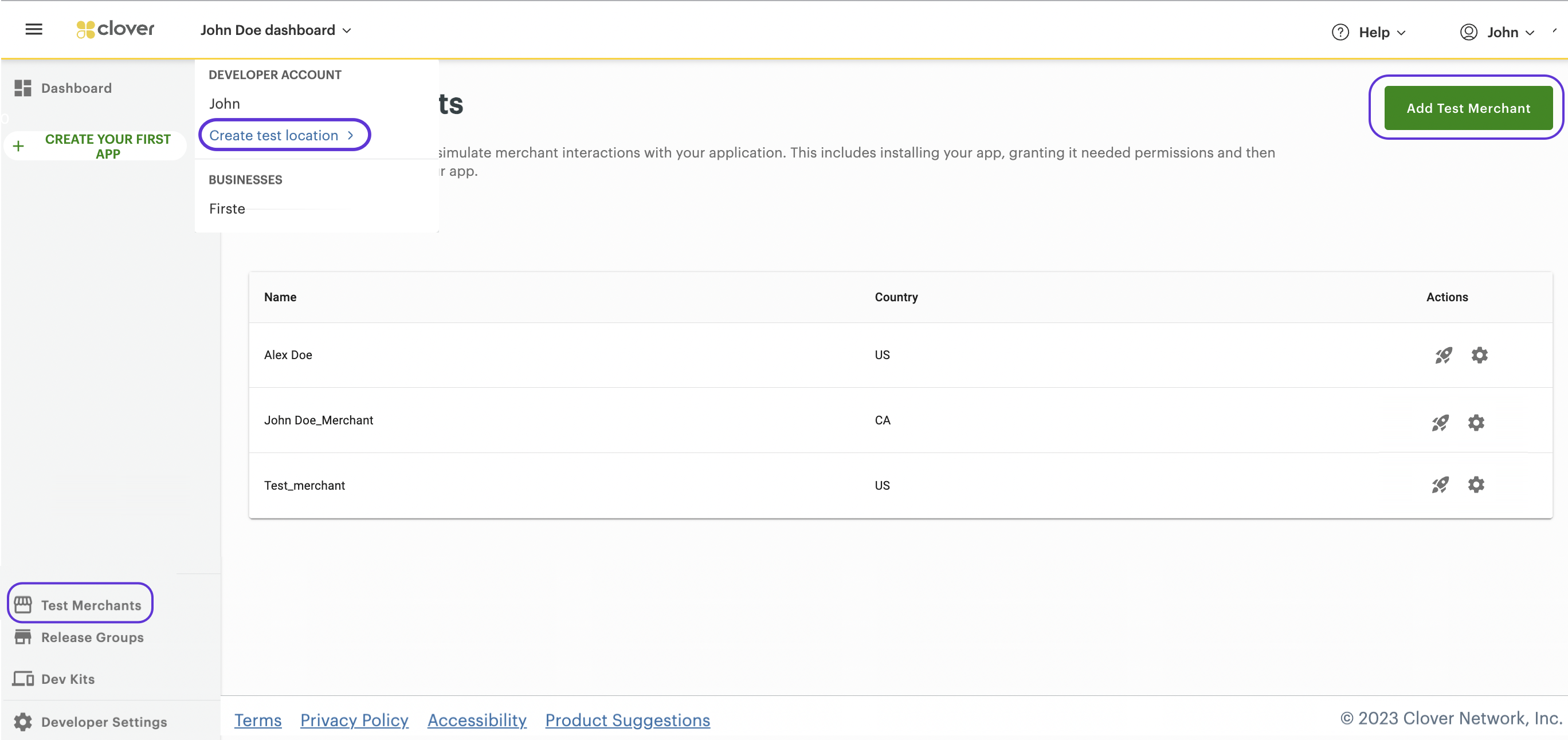 Test Merchants page - Create test location