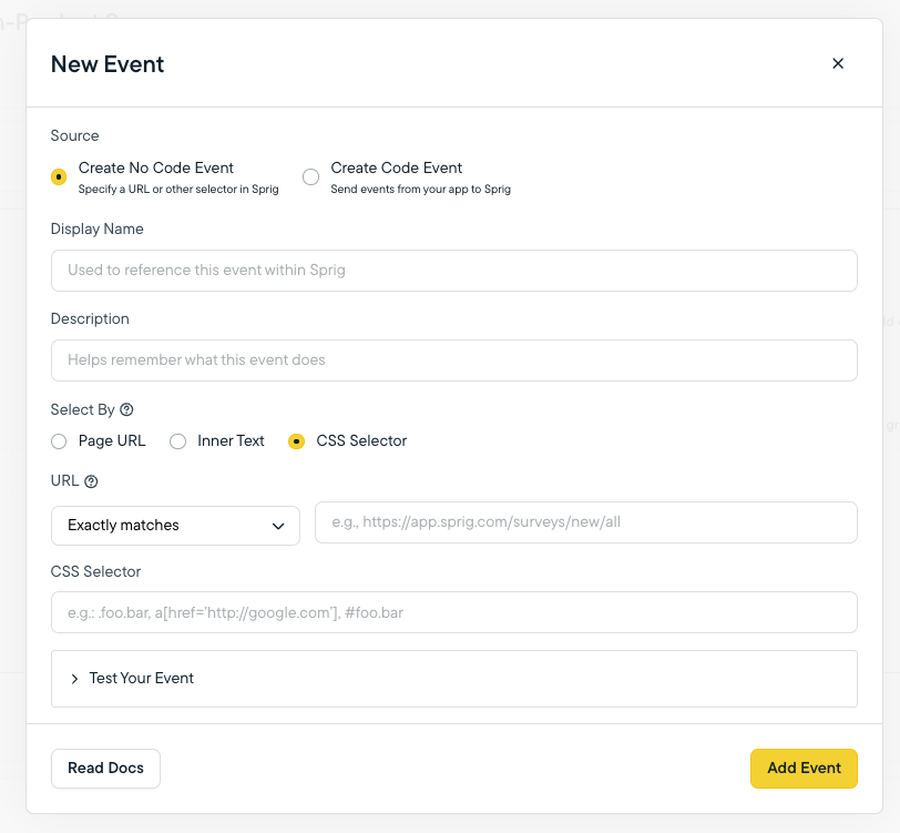No-Code Event Creation Window