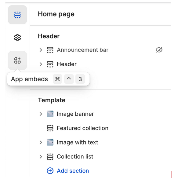 Shopify theme editor showing the sidebar with Home page, Header (with Announcement bar and Header subsections), and App embeds (showing "3") highlighted
