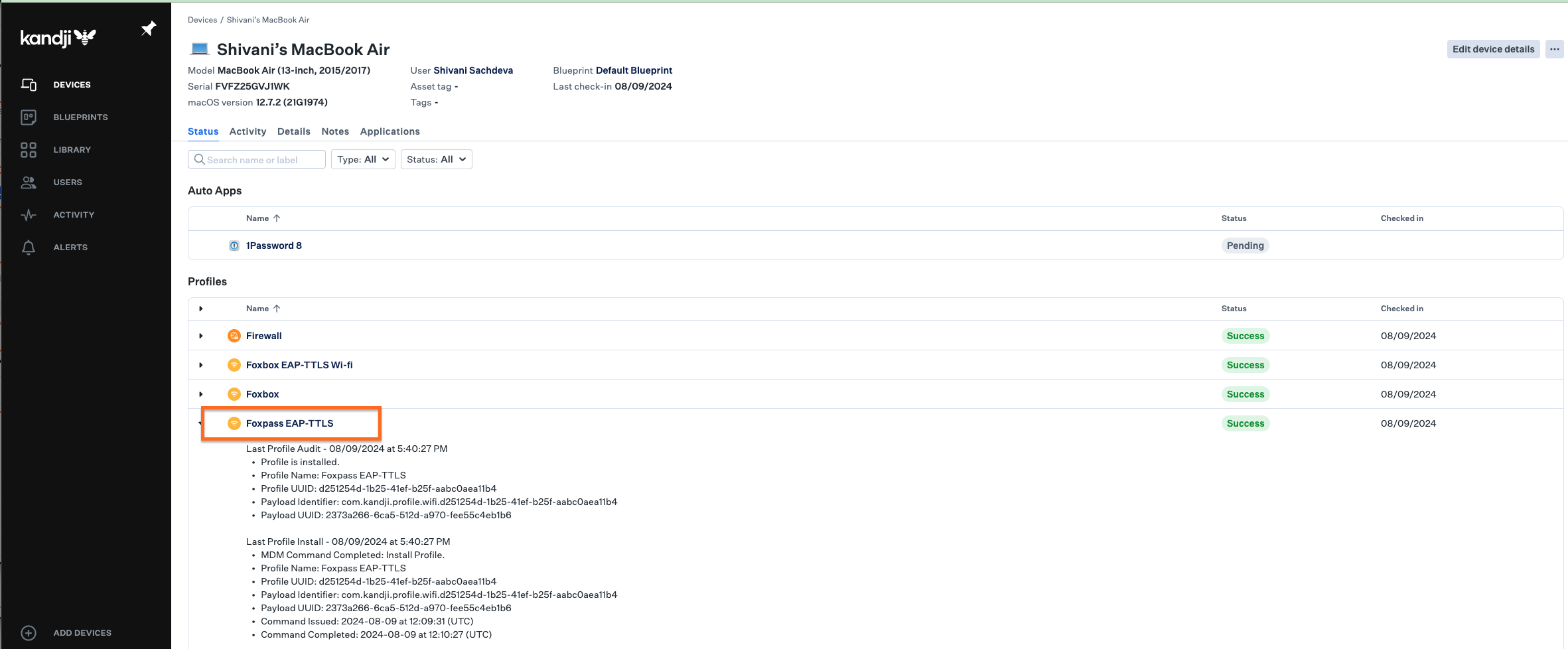 Sample status of EAP-TTLS profile