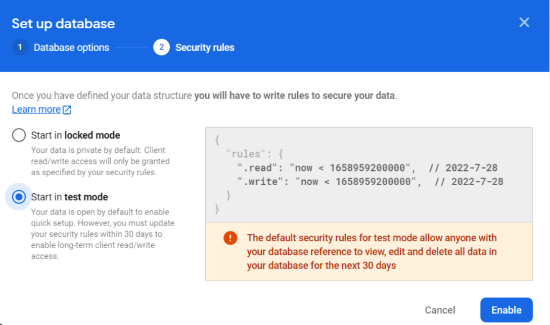 Figure 18. Set up database modal showing database start options.