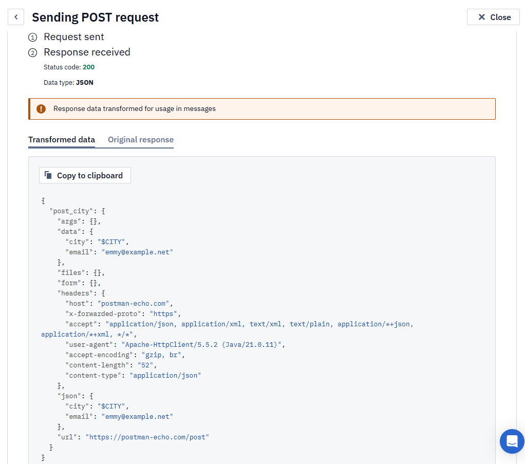 Sending POST request dialog showing a 200 response with the Transformed data tab displaying the submitted city and email values returned by Postman Echo