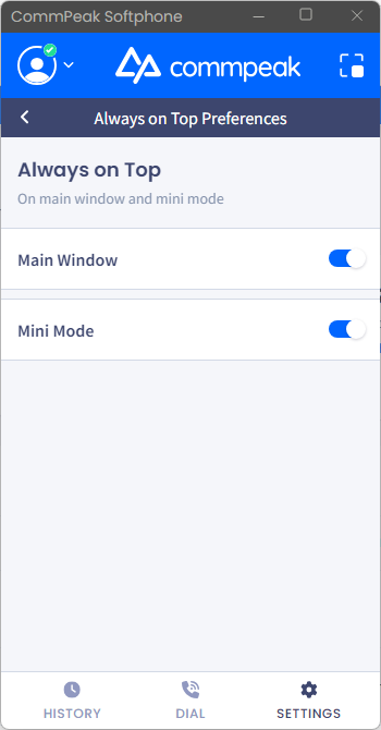 Screenshot with the Always on Top preferences
