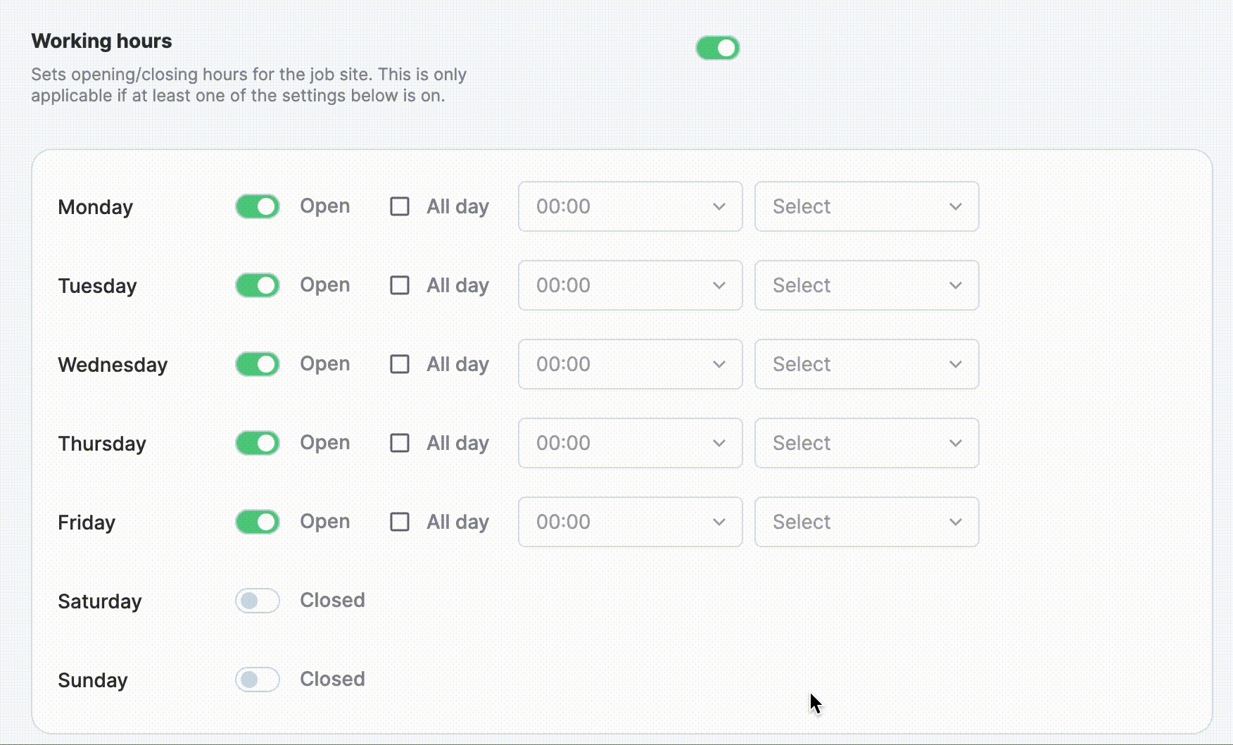 Configuring working hours