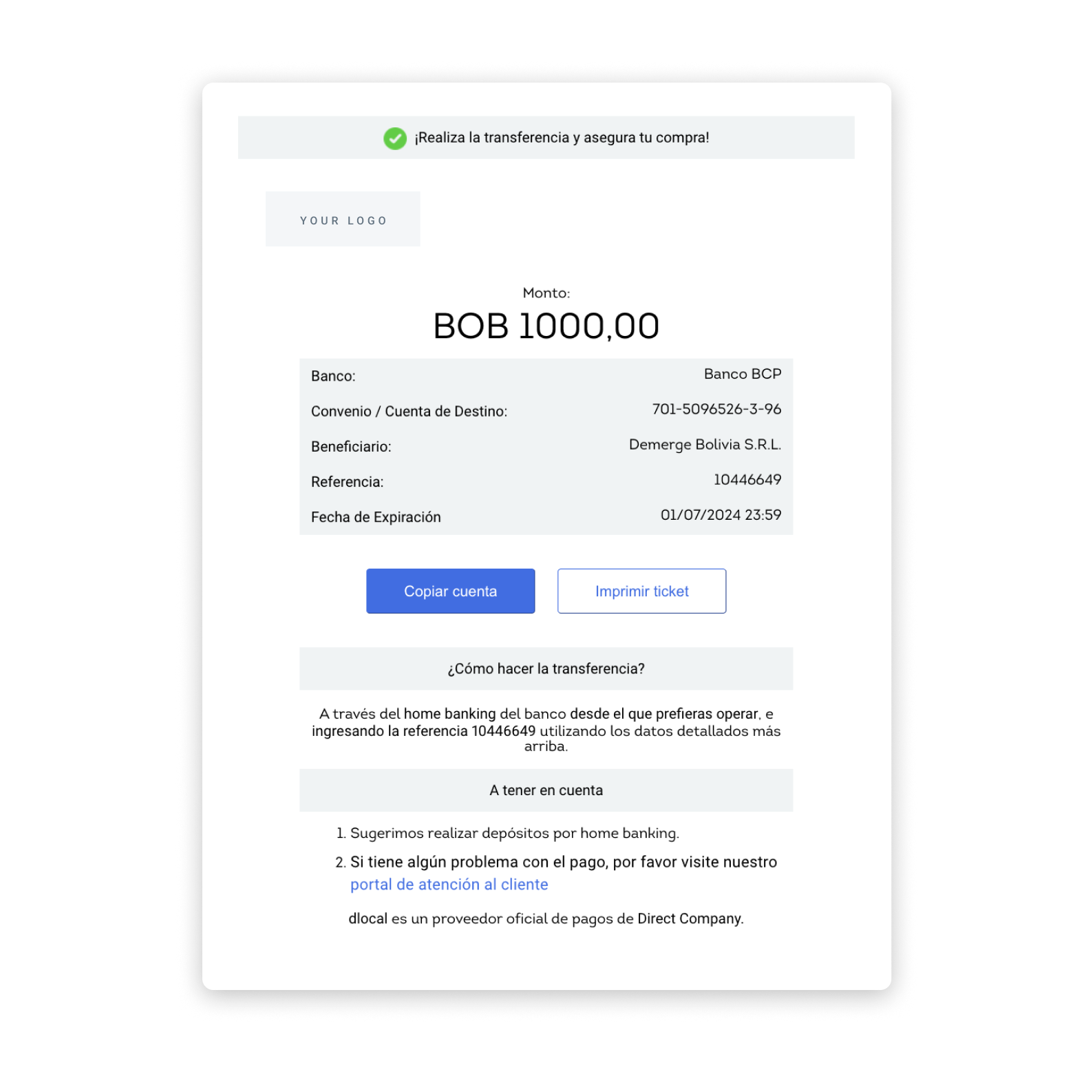 Bank Transfer UI built with the information in the example above.