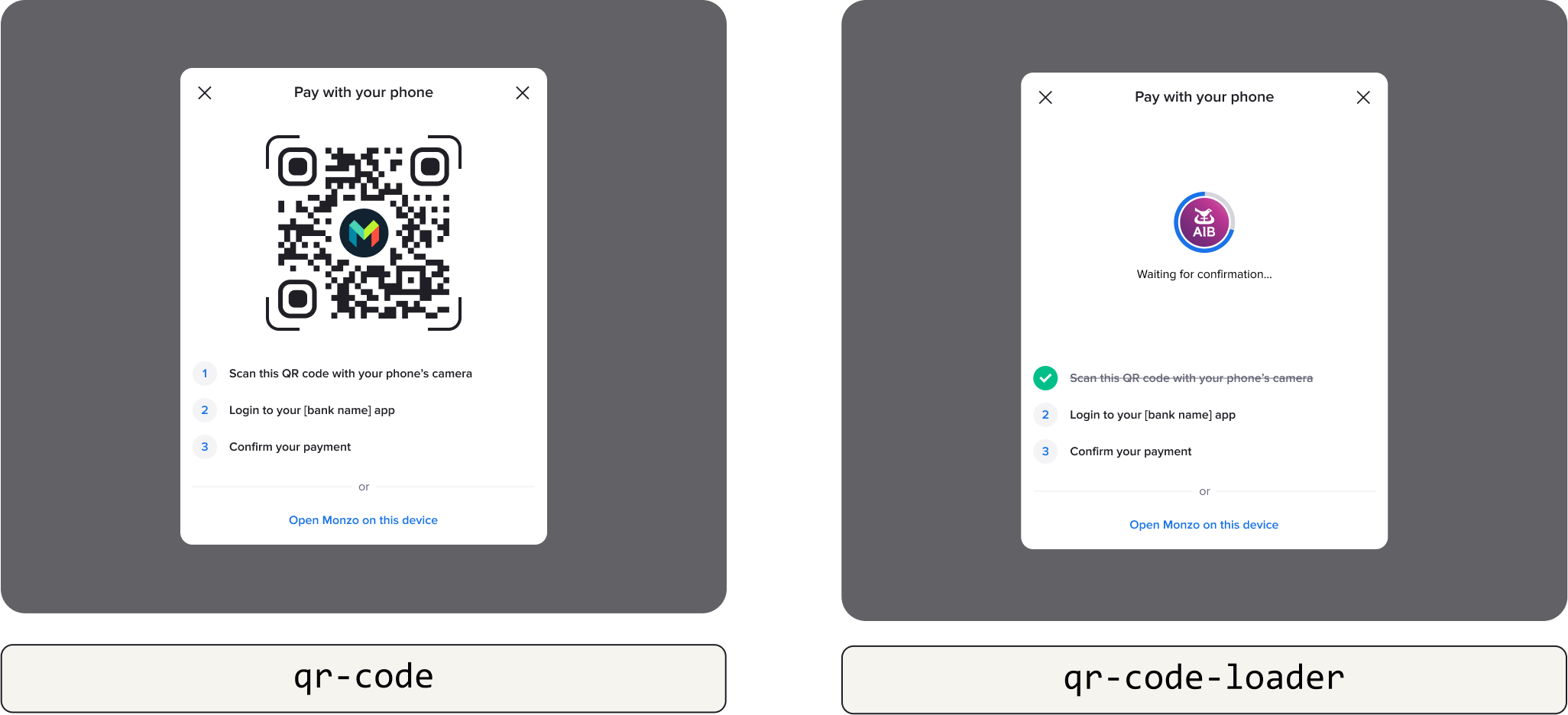 The QR code and handoff screens in the authorisation flow, alongside the callbacks which correspond to them. Note that the QR code handoff only applies to flows on desktop, not mobile.