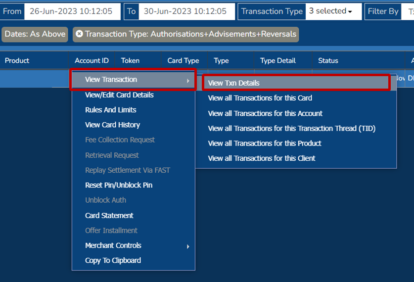Transaction screen: view txn details