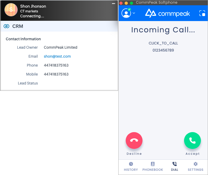 Screenshot with incoming call to the softphone account