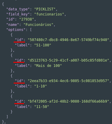 Identificador de cada opção de um campo de seleção (PICKLIST)
