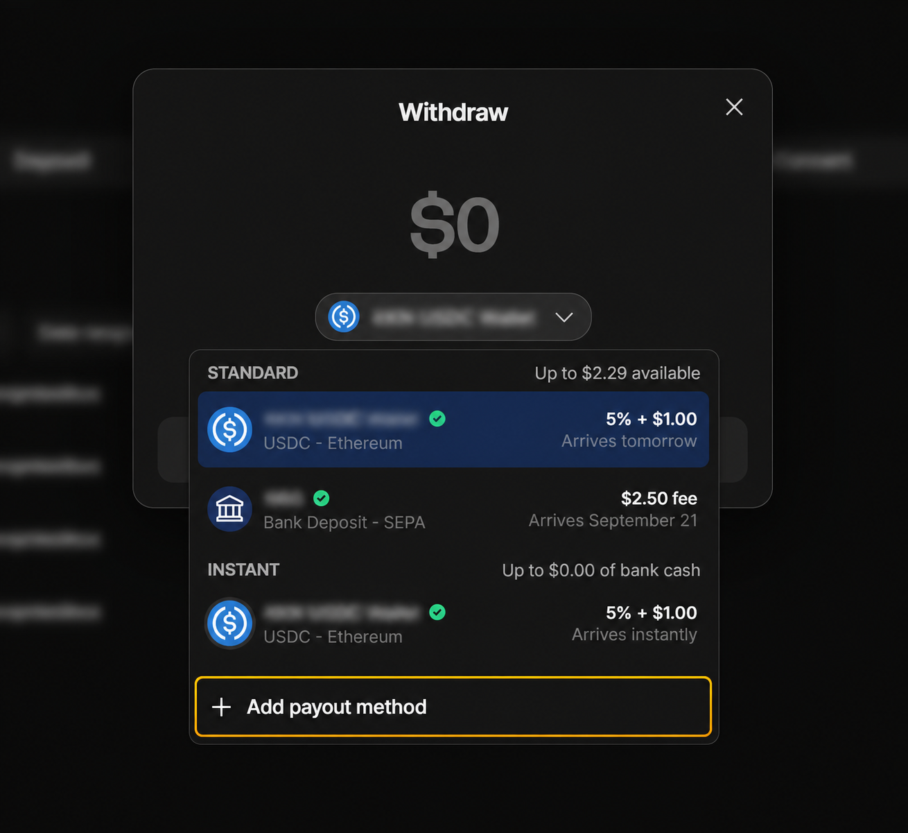 Payout destination selector