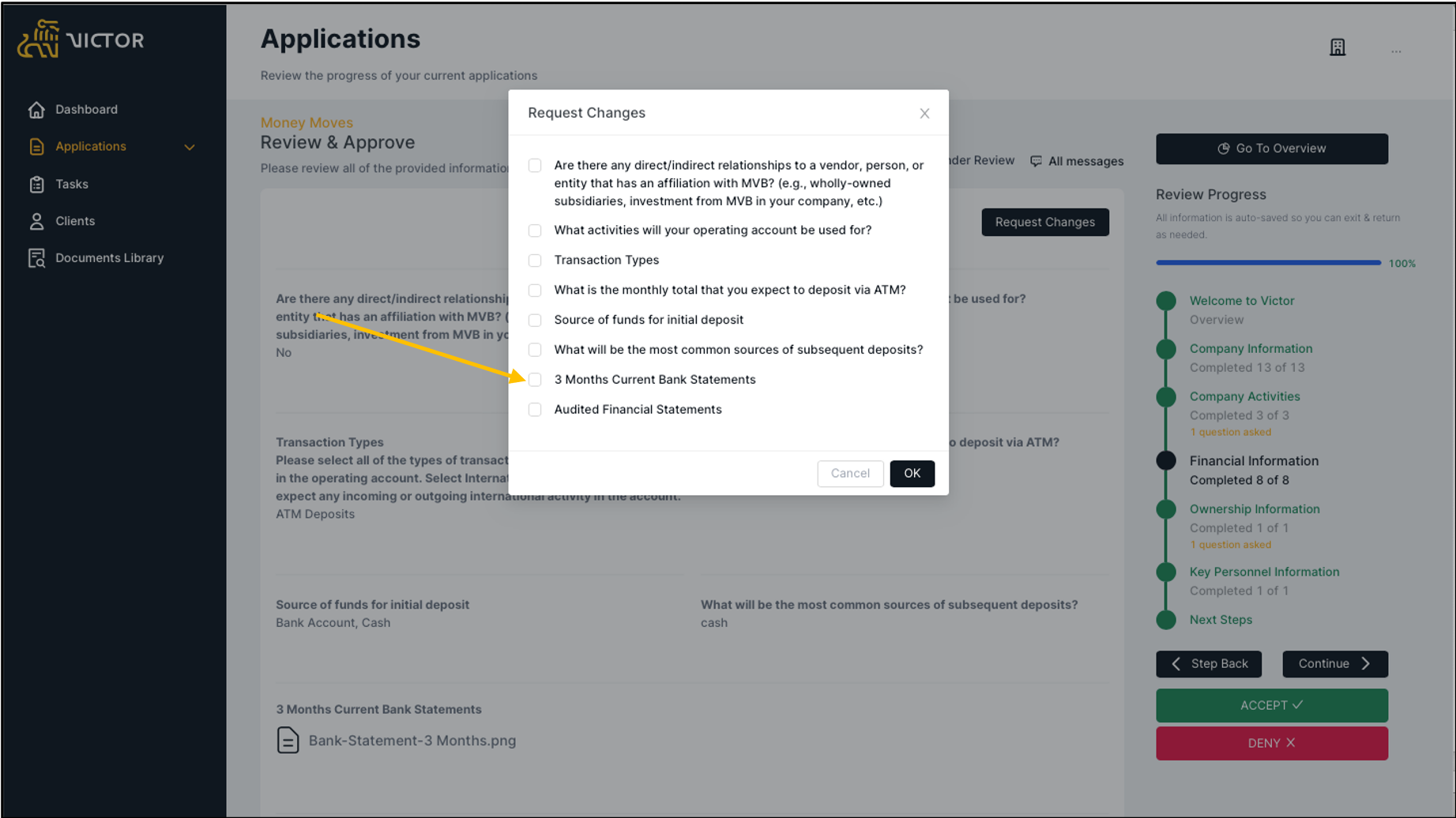 Figure 27. Request changes modal allowing selection of specific element that requires changes