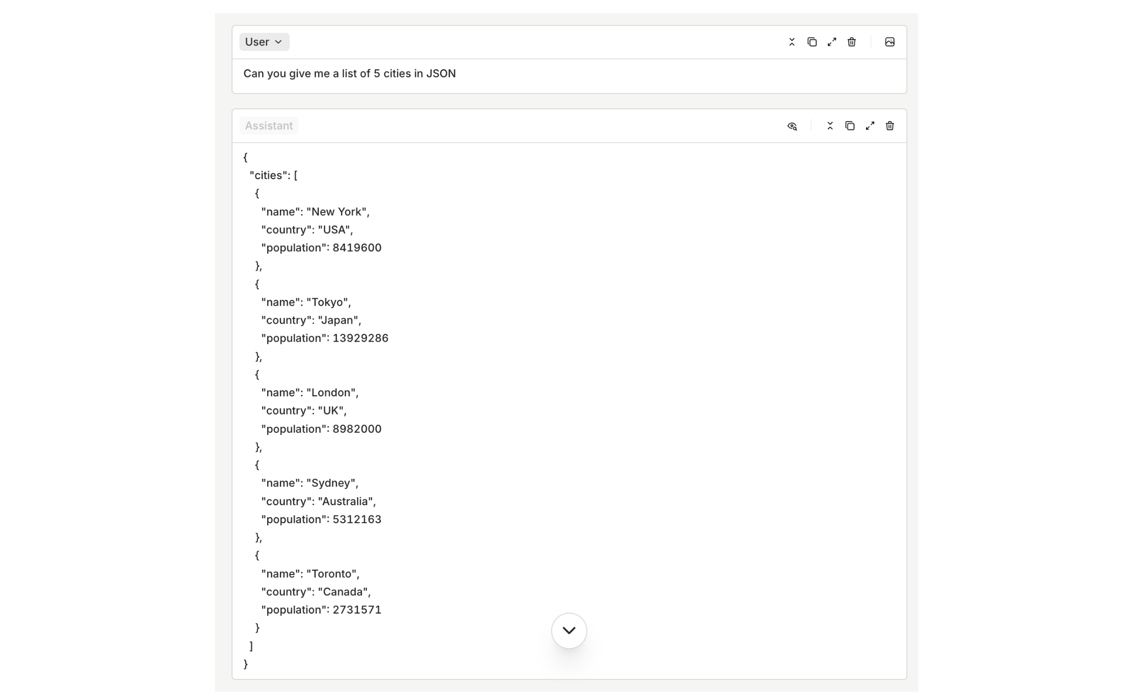 Here by asking a list of 5 cities we're receiving a valid JSON array containing 5 examples.