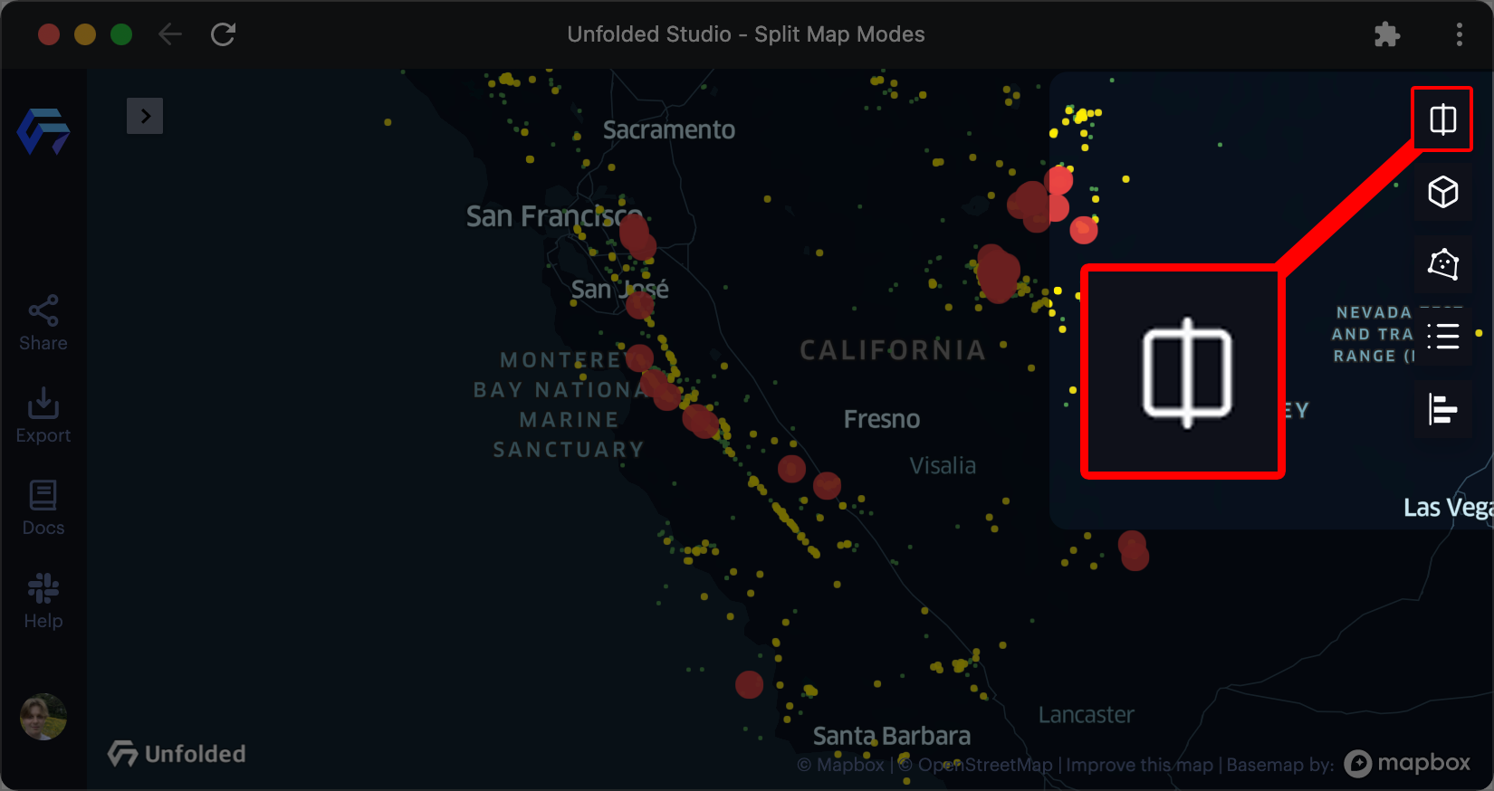 The Split Map button in Foursquare Studio.