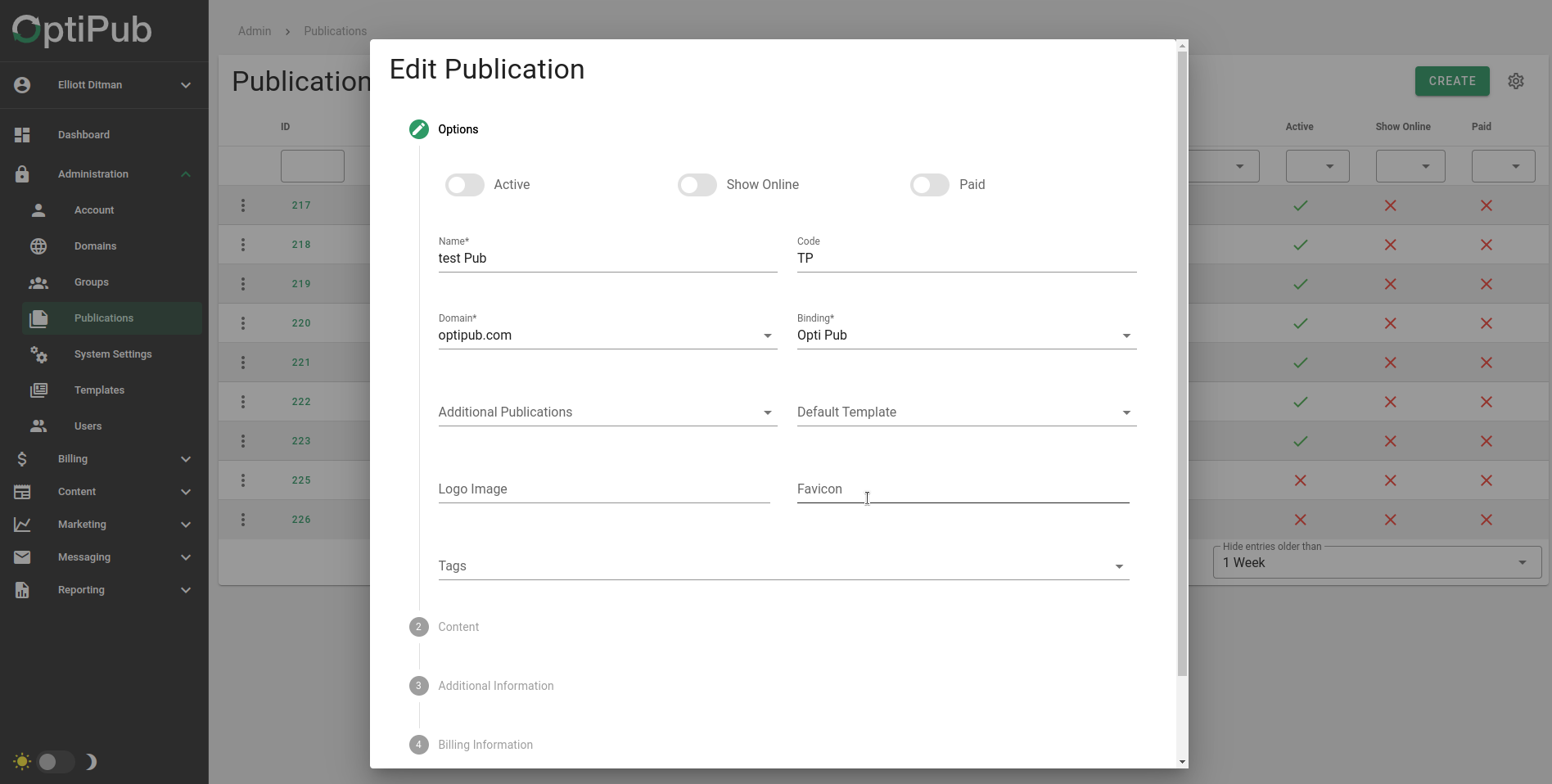 Edit publications window.