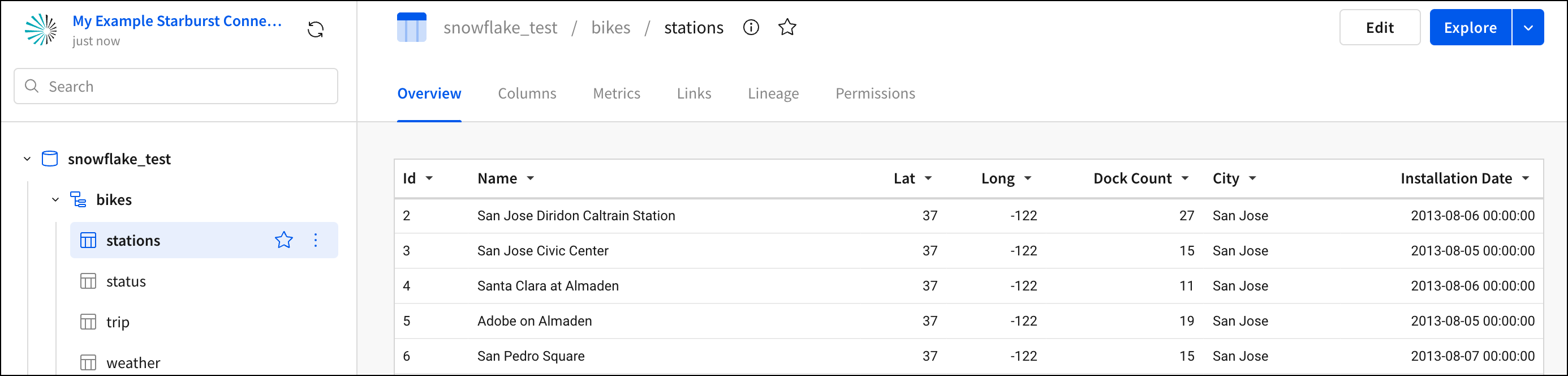 The browse connection view, showing a table available through the connection