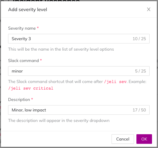 A screenshot of the Jeli web app UI showing how to configure incident severity levels