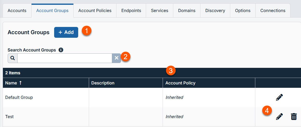 Image of the Account Groups main landing page.