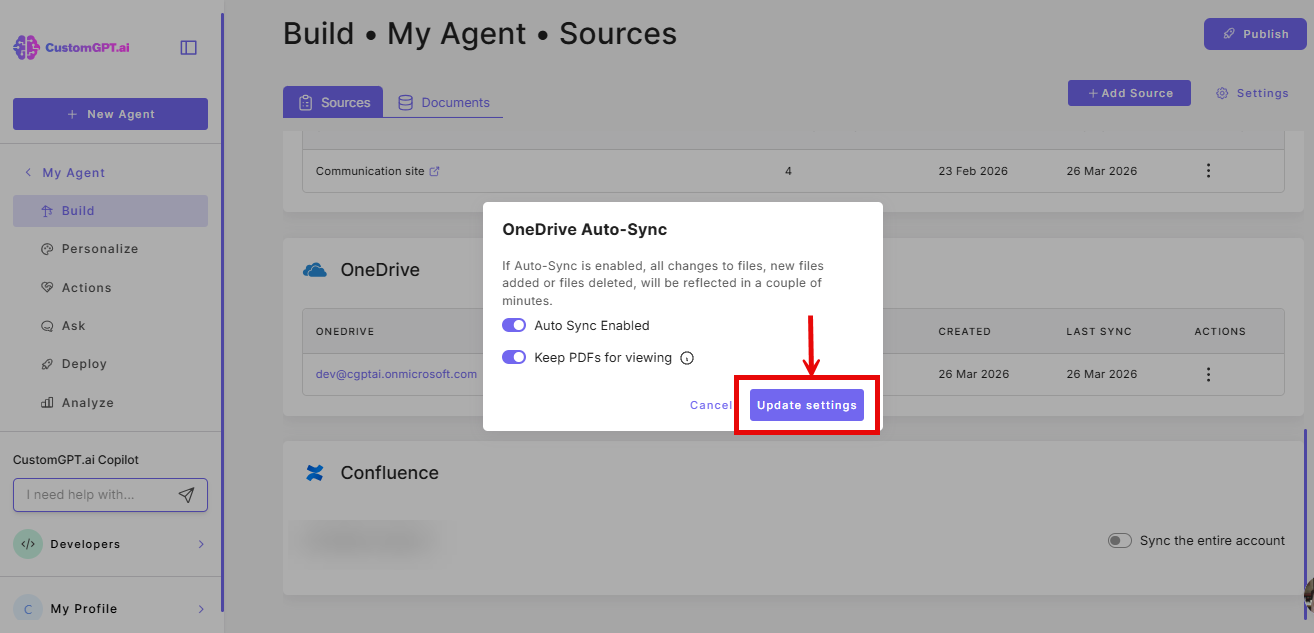 update settings button on the One drive auto-sync modal