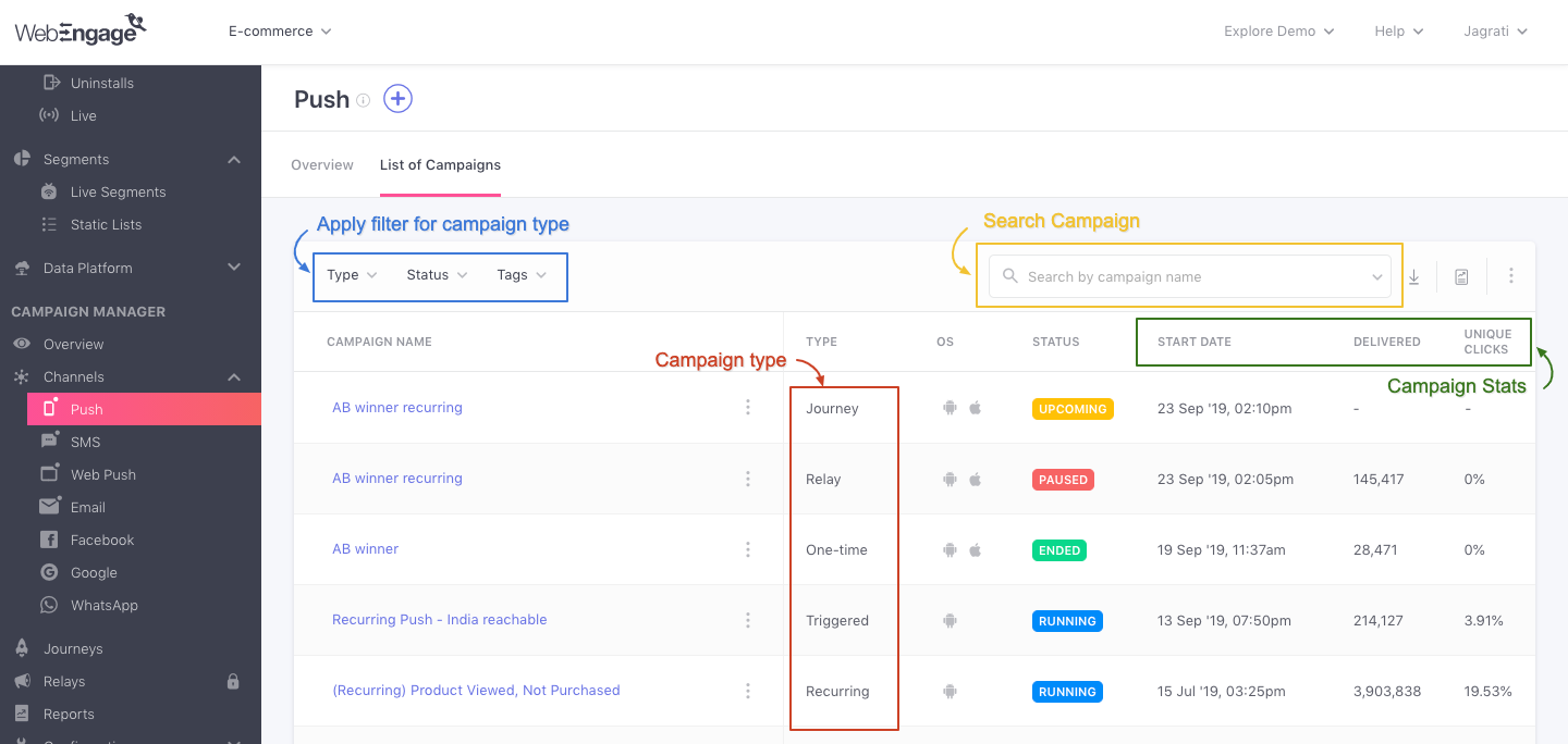 Understanding Campaign Type, as listed under each Channel's List of Campaigns