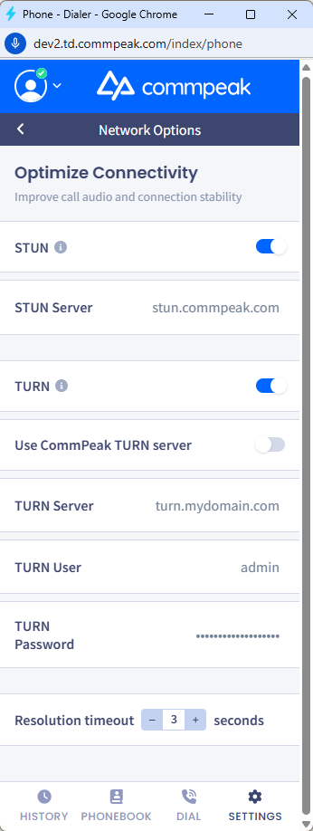 Screenshot of enabling TURN protocol settings using a custom server