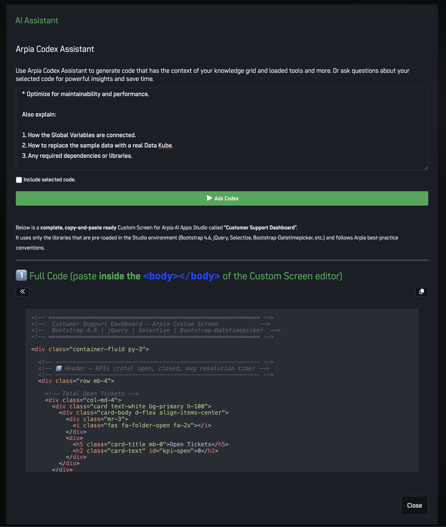 Custom screen generation with Arpia Codex Assistant