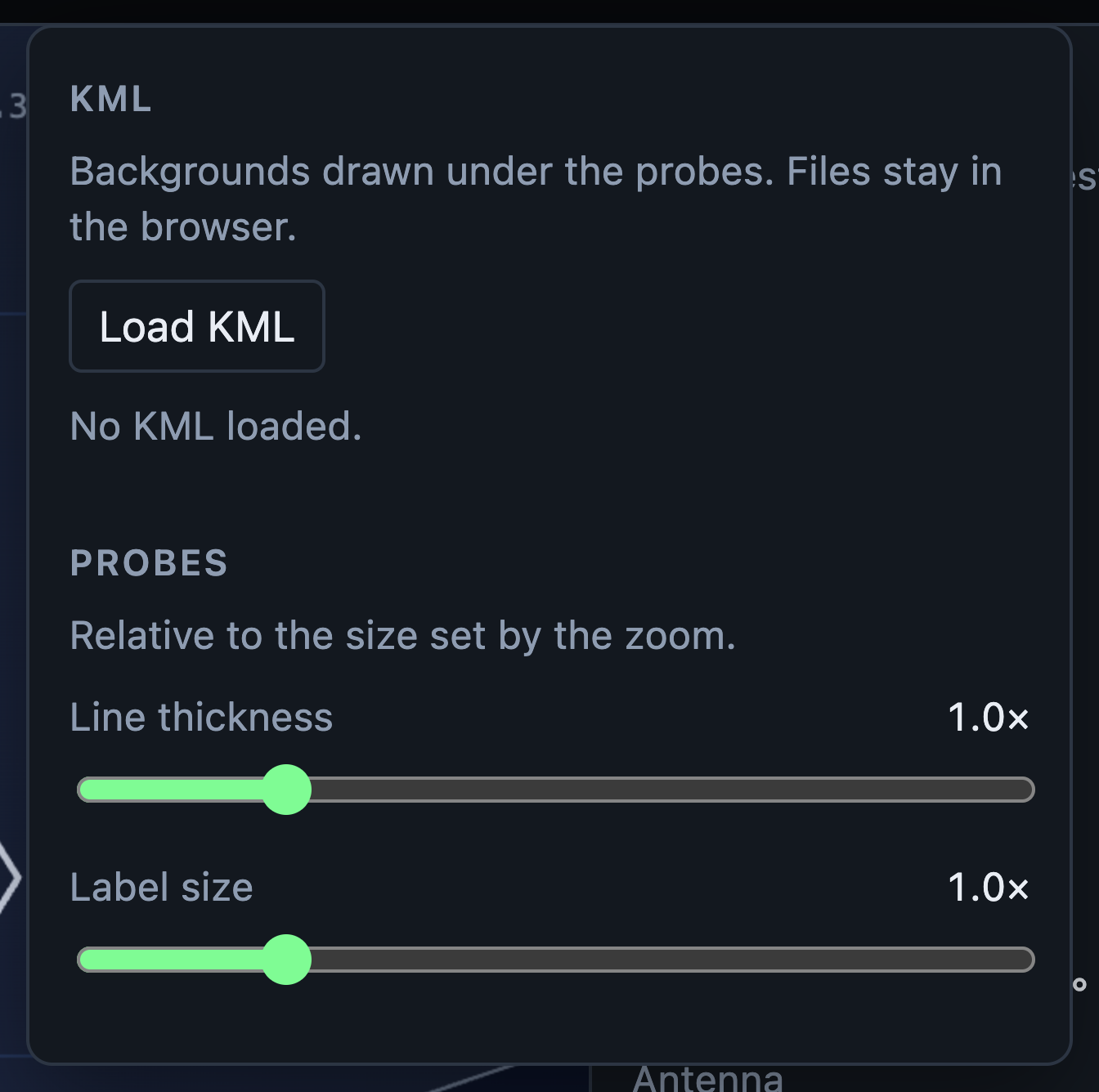 The View menu: Load KML, line thickness, and label size.