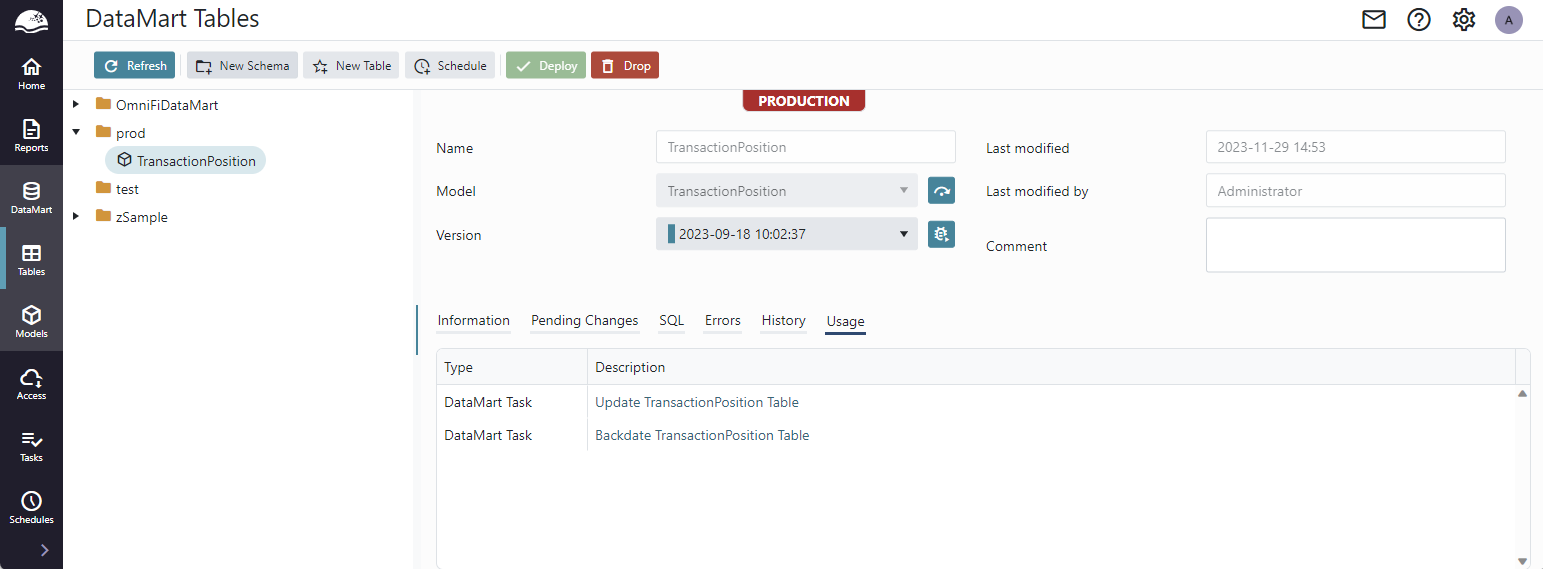Open the Usage tab of a table or endpoint to show the scheduled tasks related to that item.