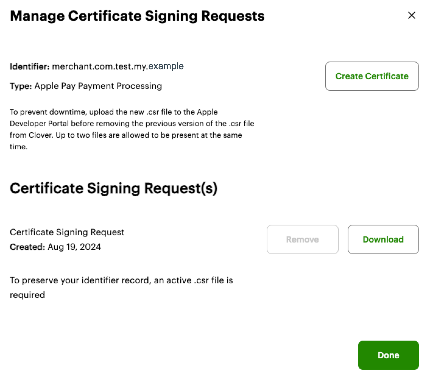 Manage Certificate Signing Requests pop-up