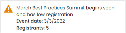 Viewing a Staff Low Event Registration alert example