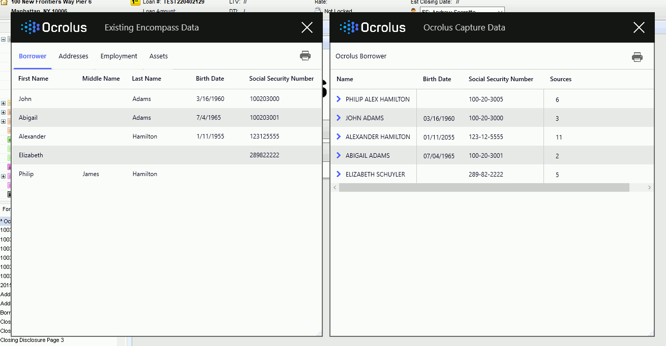The "Existing Encompass Data" and "Ocrolus Capture Data" windows side by side. Both windows list information about the same borrowers.