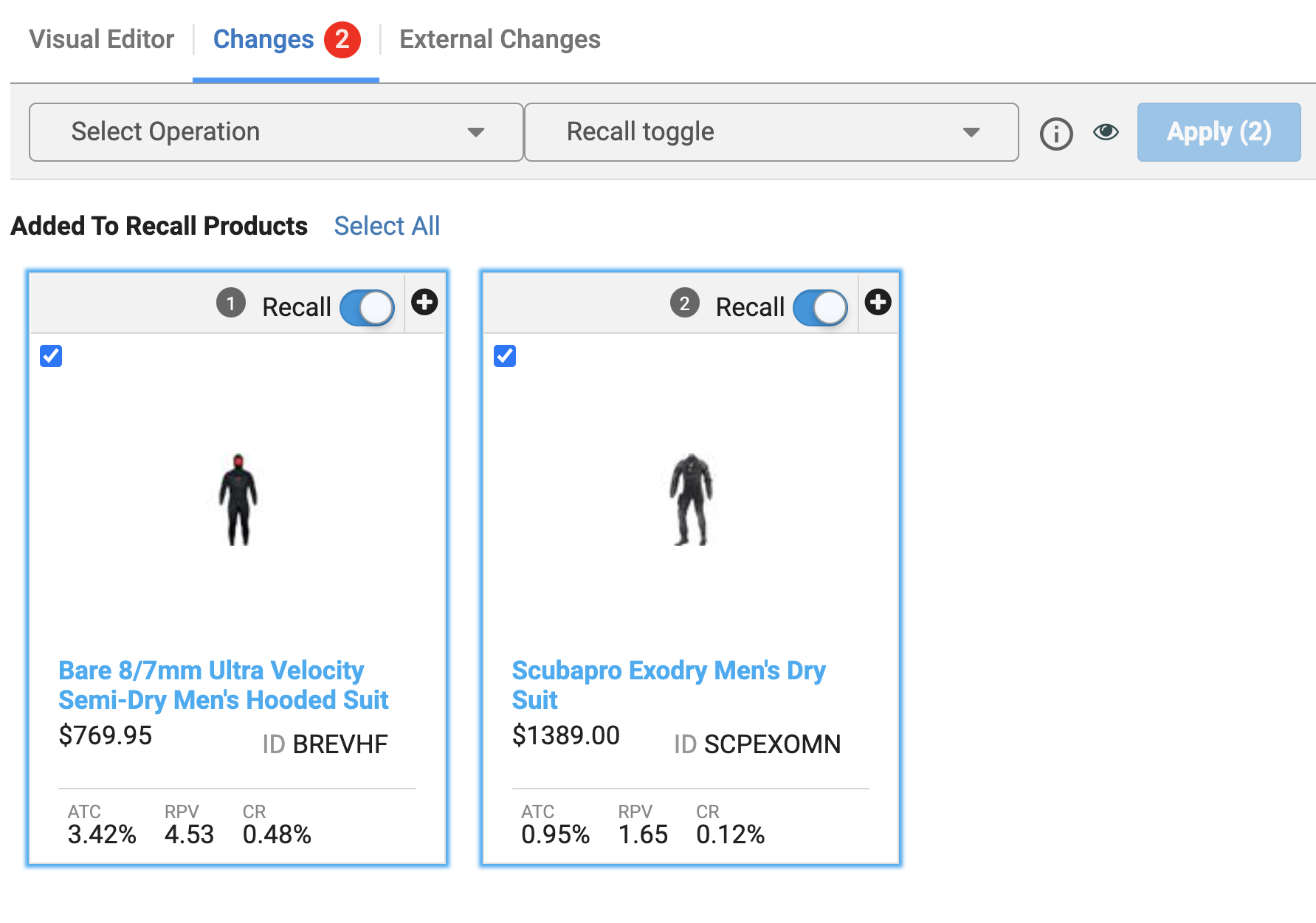 Adding products to recall in bulk using the Changes tab