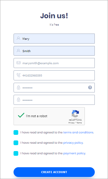 Screenshot of the Create account registration form