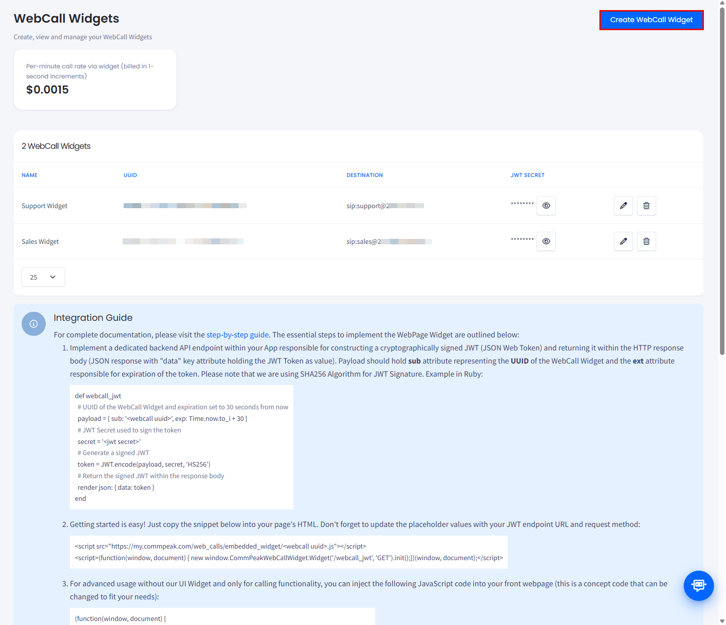 Screenshot of the WebCall Widgets page