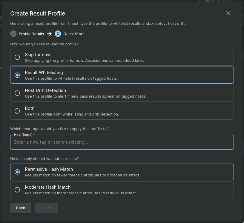 Screenshot of the second page of the Create Result Profile dialog.