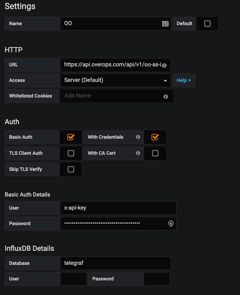 Connecting your SaaS or On-Premises Data OverOps instance to your locally installed Grafana instance as an InfluxDB datasource.