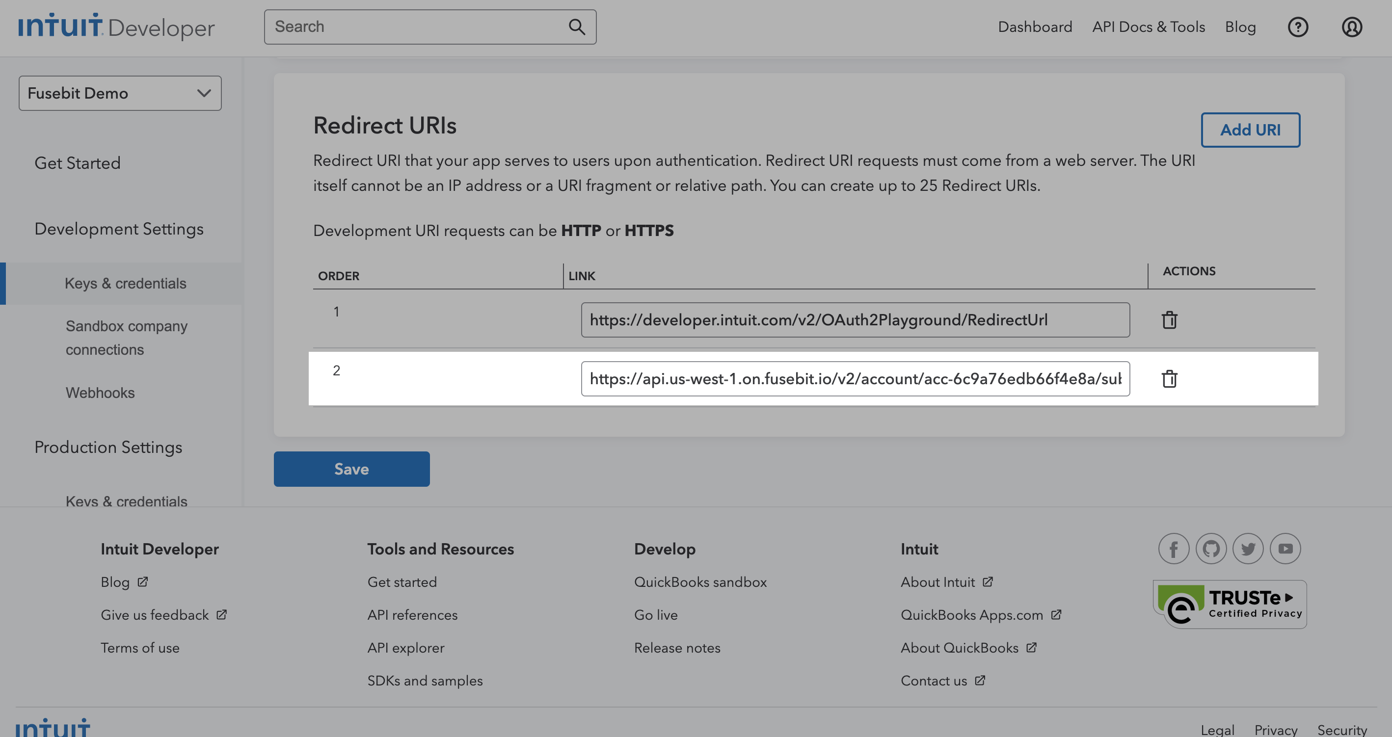 Adding Redirect URI in the Intuit Developer Portal