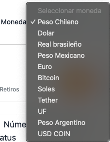 Filtro de moneda desplegado