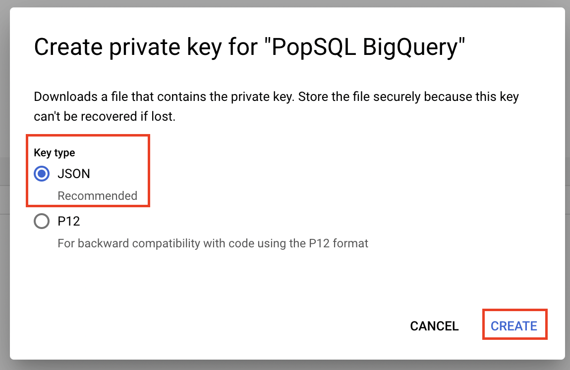 Screenshot of JSON private key creation.