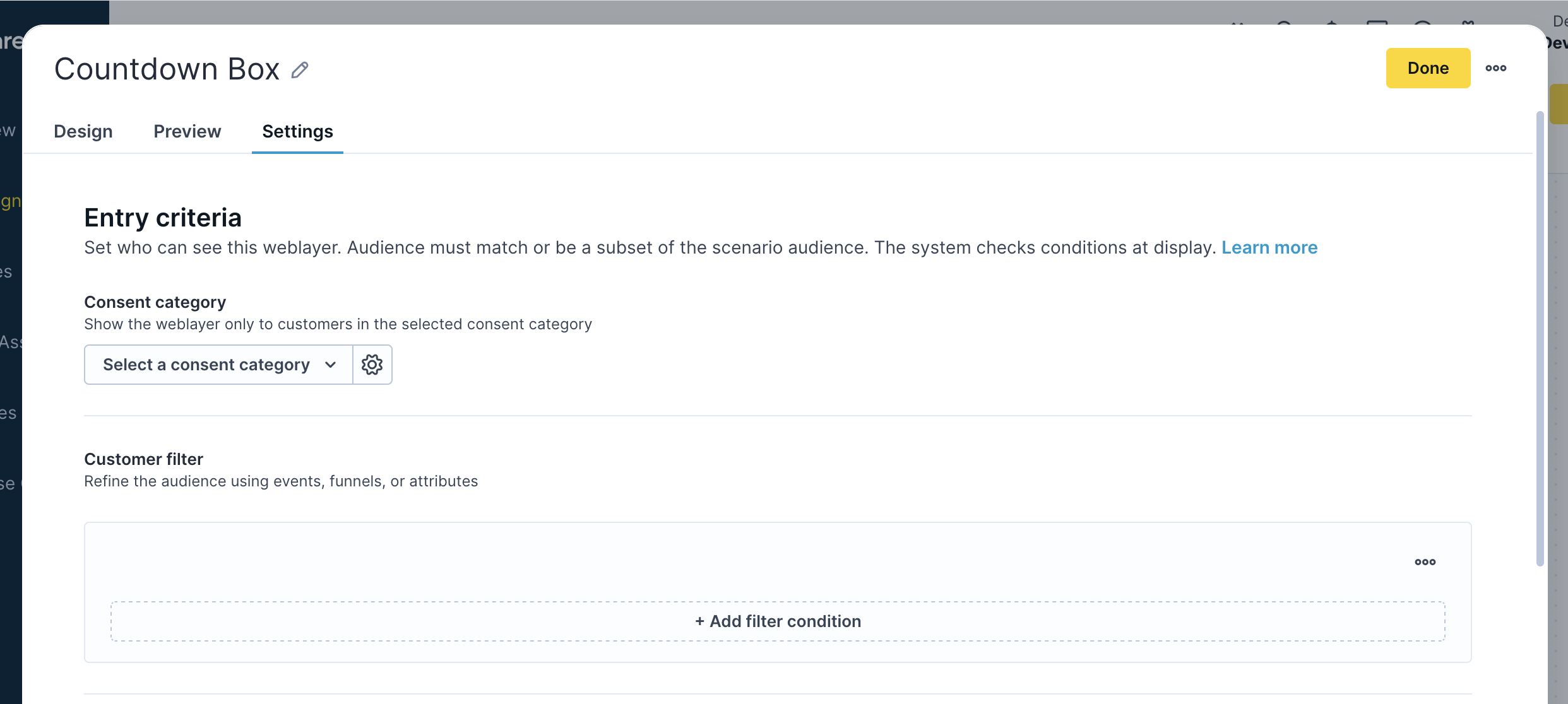 Weblayer settings - entry criteria settings in Bloomreach Engagement