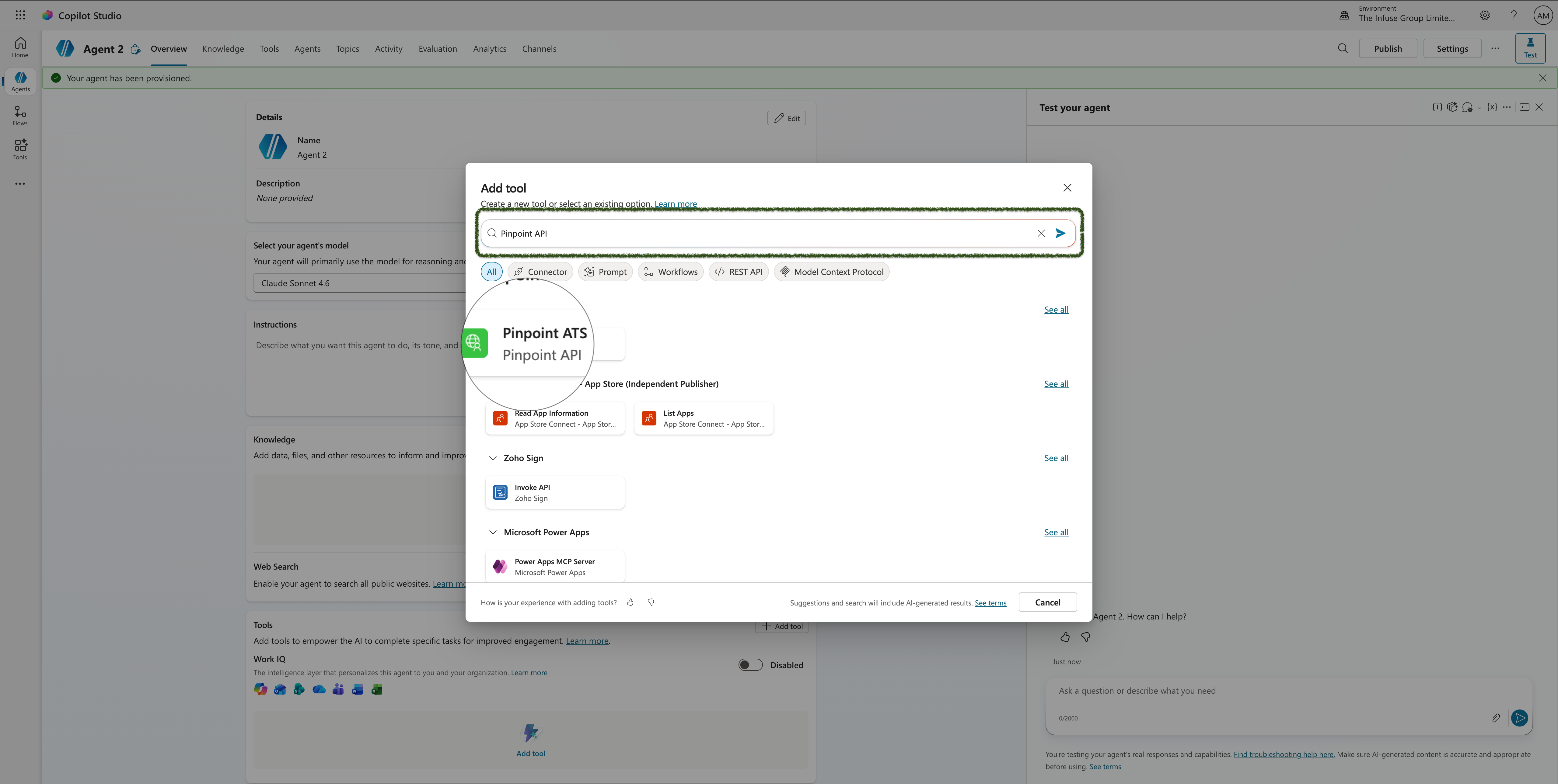 Step 8 – Add tool dialog showing Pinpoint API search result