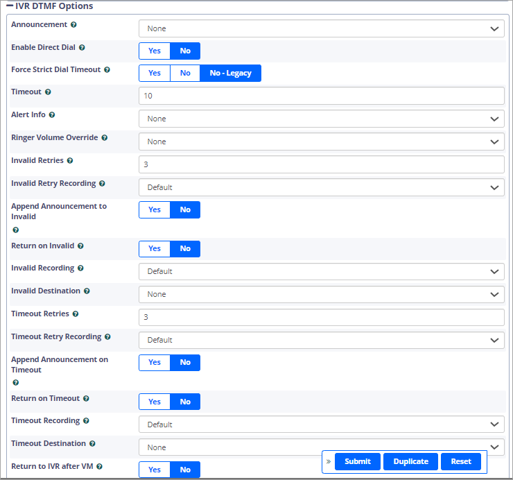 Screenshot of the **IVR DTMF Options** page