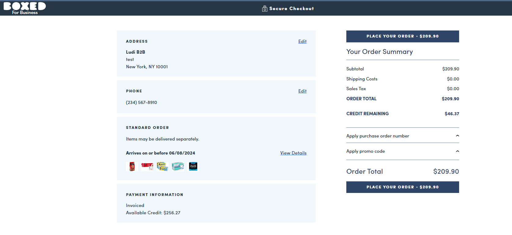 Checkout screen for invoiced business account