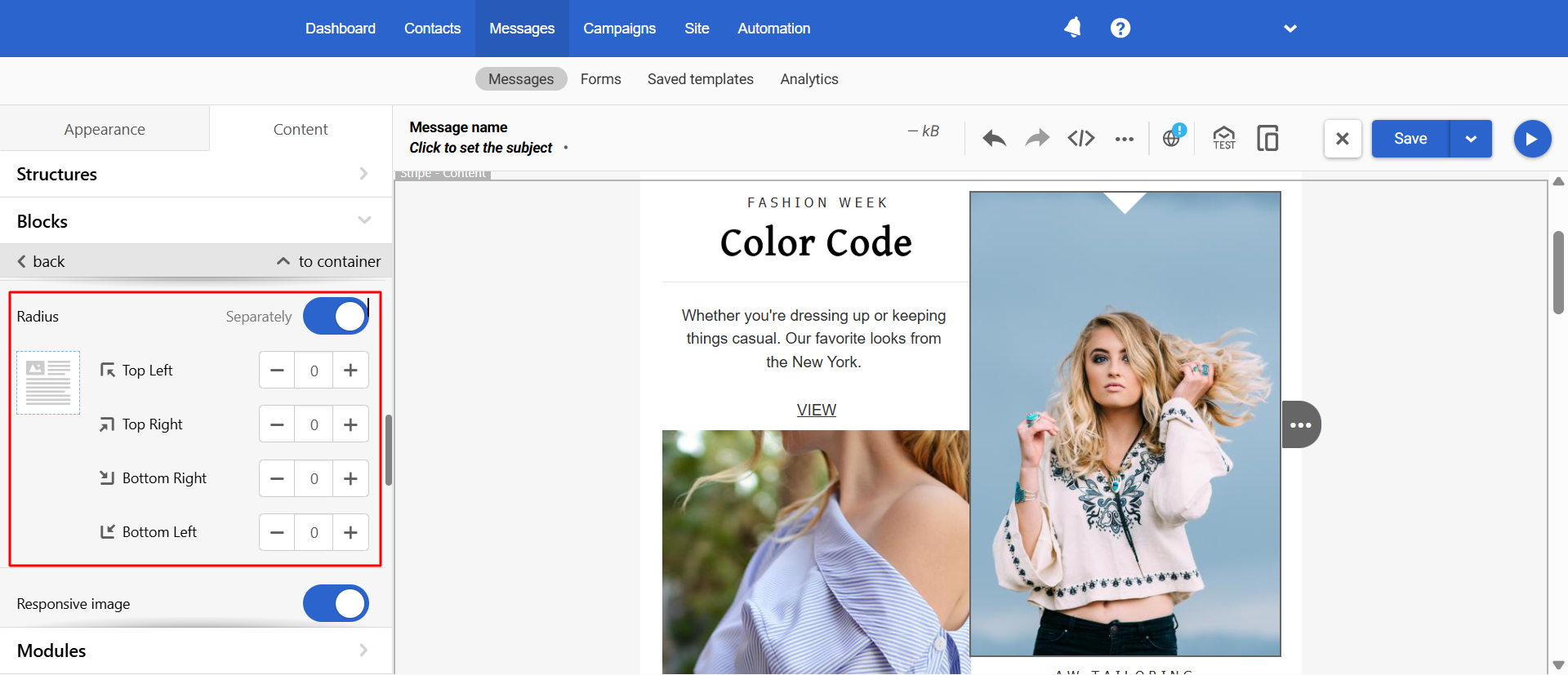 The Radius tool for images in the email editor