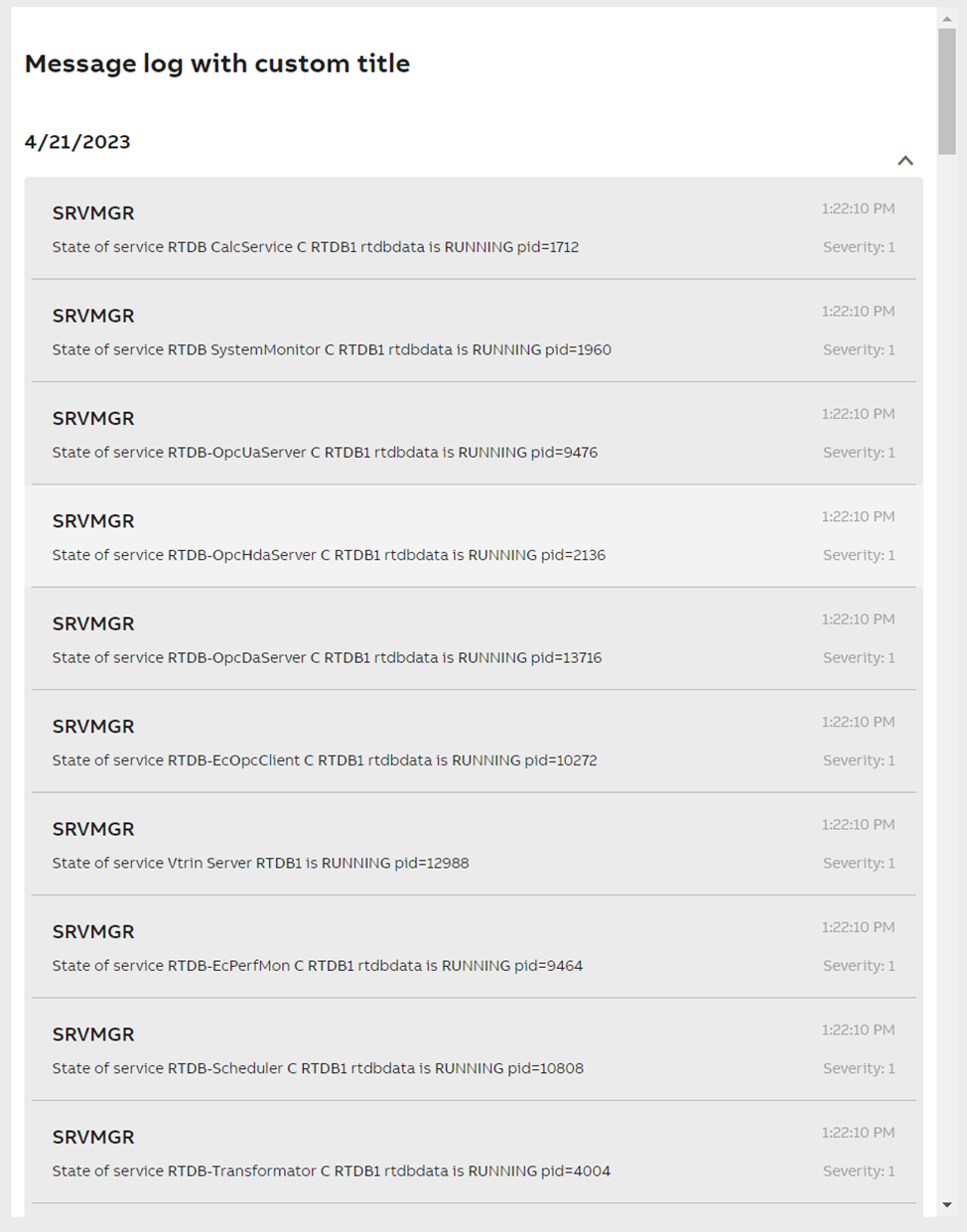 Image 1. Formatted data list widget configured to display Message Log data.