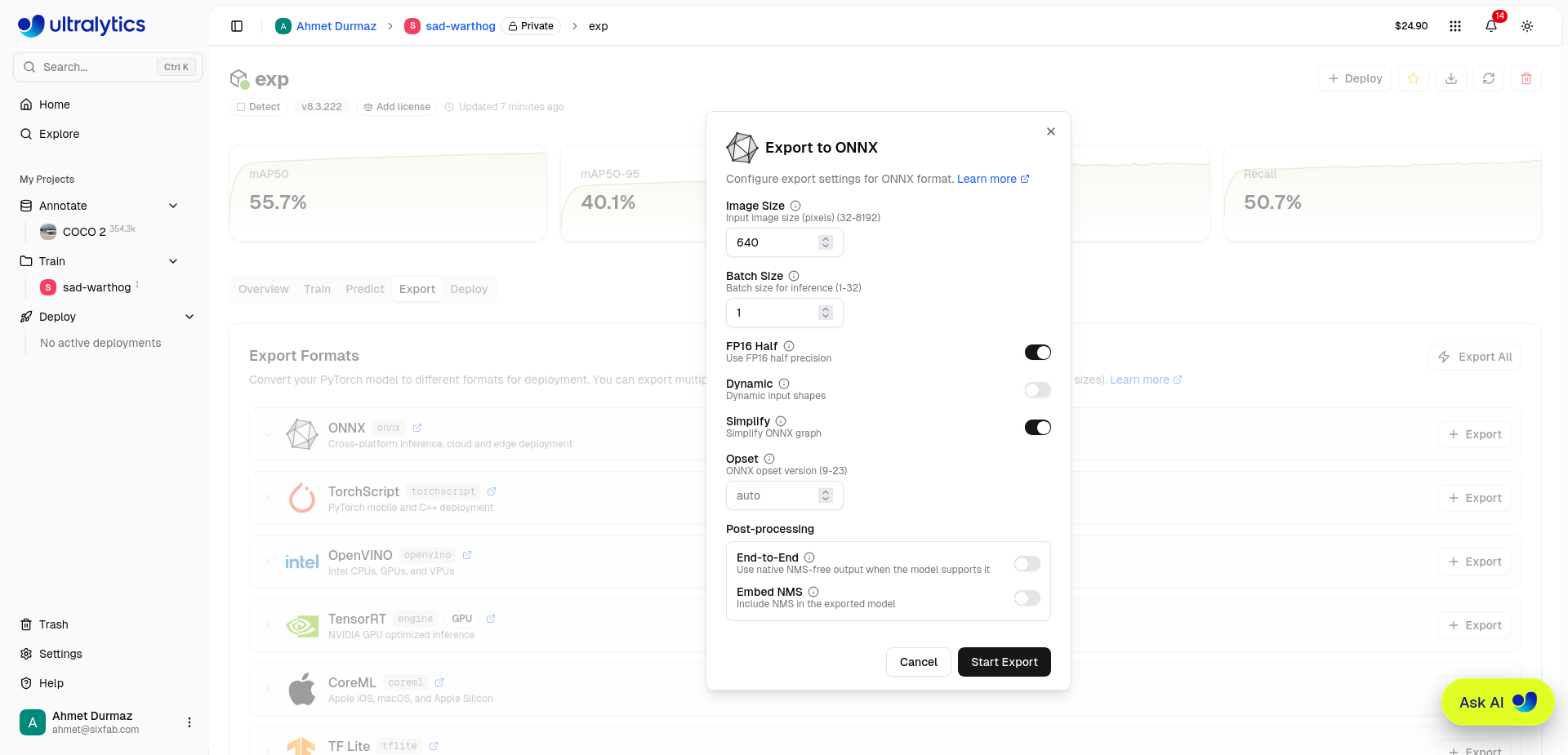 Export to ONNX dialog on Ultralytics Platform with settings for image size, batch size, FP16, dynamic shapes, simplify, and opset.