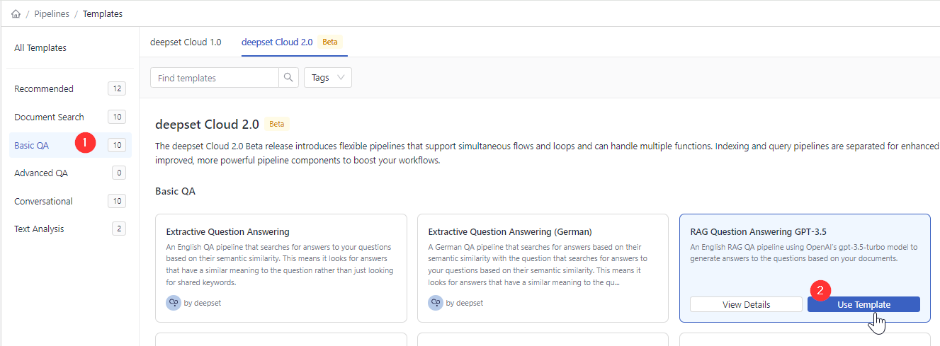 The templates page with template cards showing. On the left, in the navigation, the Basic QA option is selected and marked as step 1. Then, a template called Retrieval Augmented Generation Question Answering gpt-3.5 is highlighted and an option Use Template is marked as step 2.